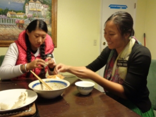 We learned how to make wontons at a members' house! It was very exciting
